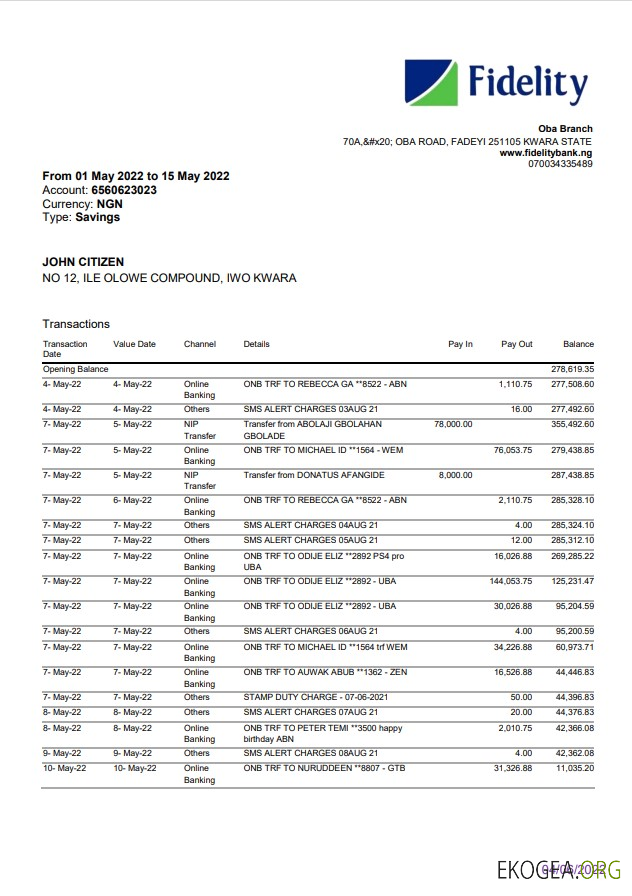 Relevé de la banque Nigeria Fidelity